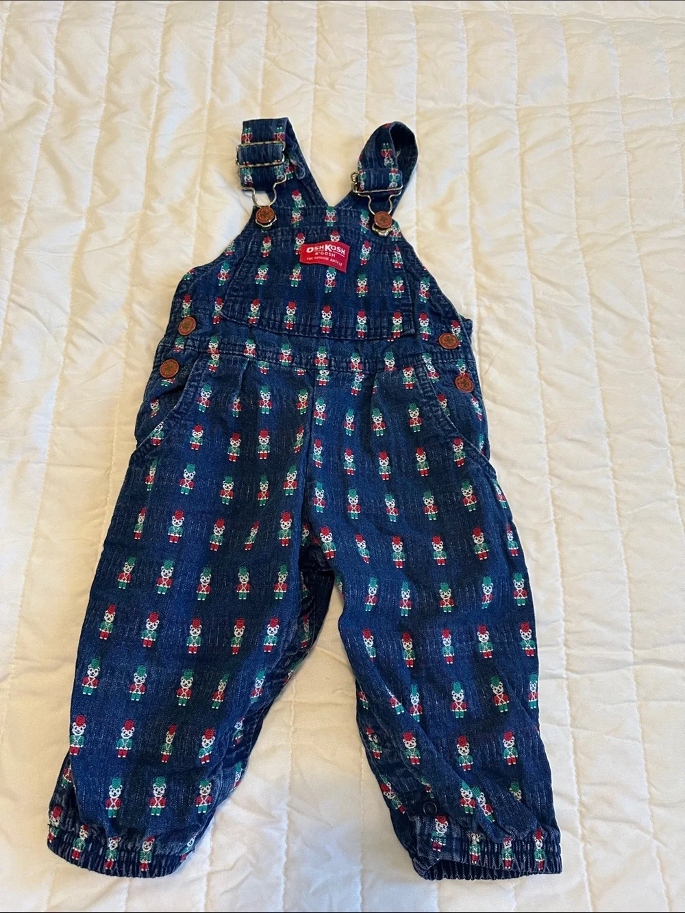VINTAGE unisex WOshKosh B'gosh Navy Overalls with Colorful Nutcracker Print